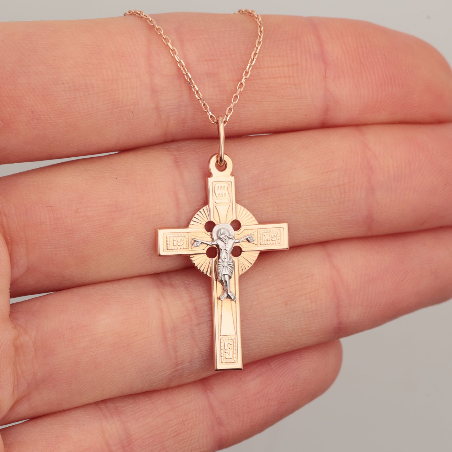 Католический крестик, Красное и Белое золото 585° (14K)