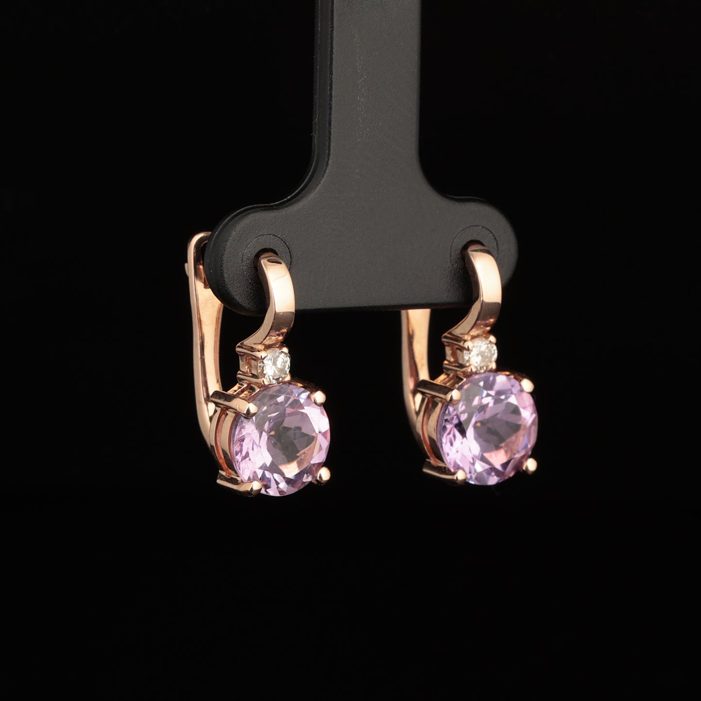 Earrings with Amethyst 3.75 ct and Diamonds 0.15 ct, Rose Gold 585° (14K)