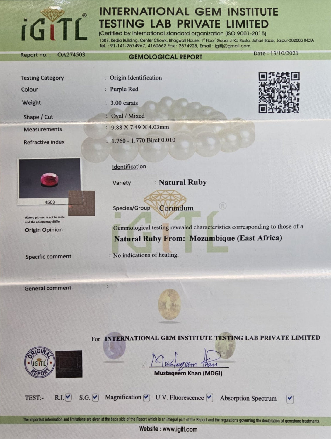 Rubīns 3.0ct Dabīgs, Ovāls griezums