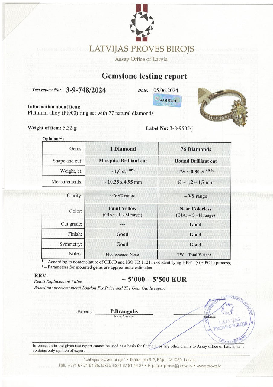 Кольцо с бриллиантом Маркиз 1 карат в ореоле, Платина 900°