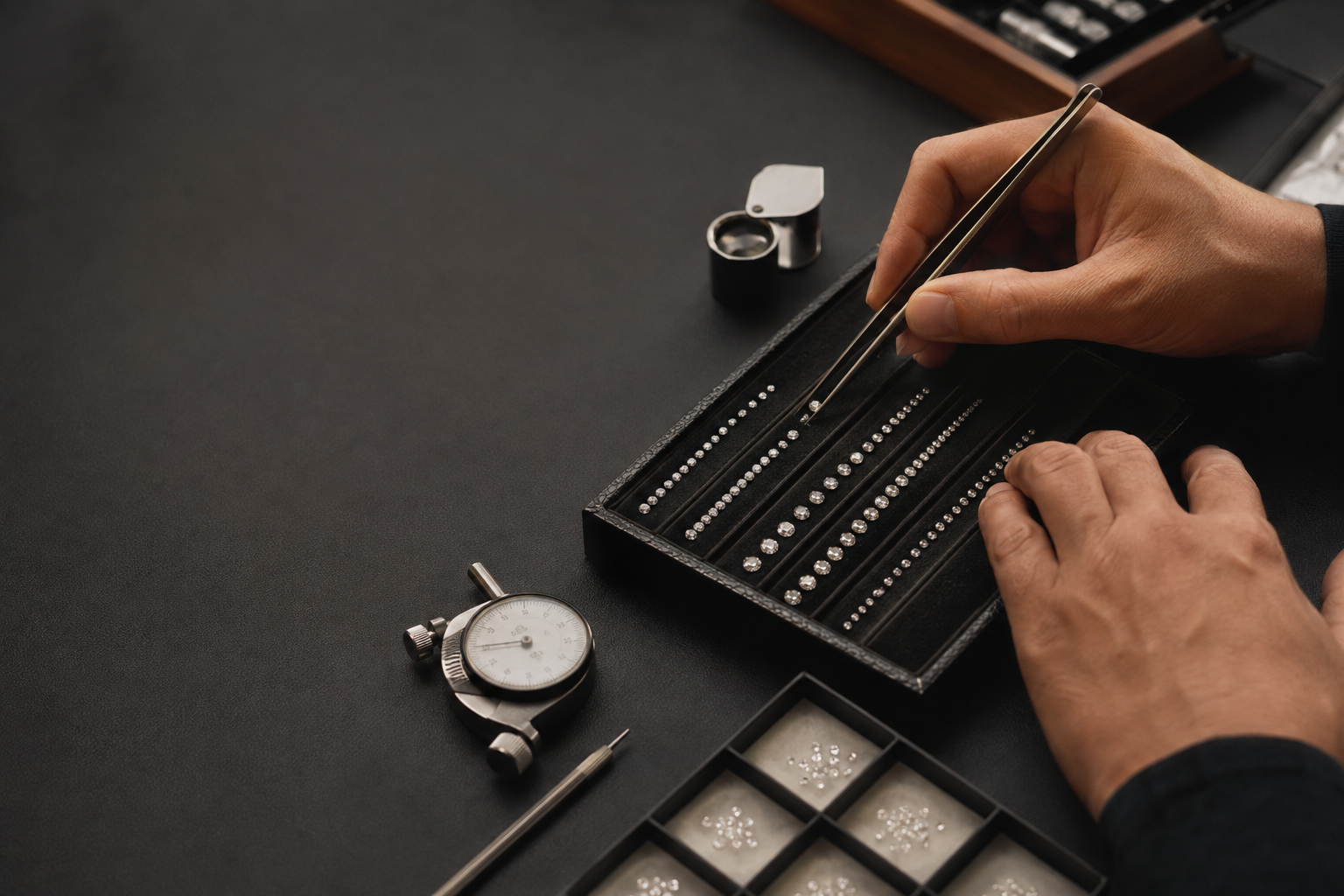 Gemologist sorting and calibrating a diamond parcel for jewelry production