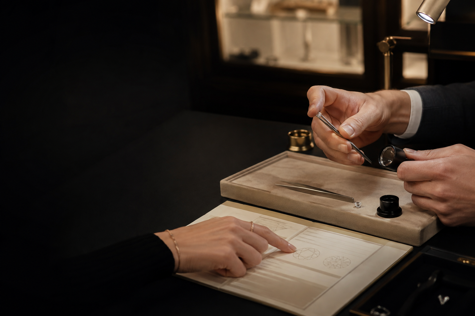 Gemologist comparing a loose diamond with its grading parameters during a private consultation