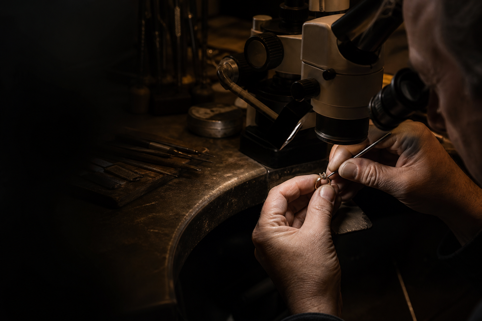 Jeweler restoring a ring setting under a microscope at Fine Cast Gems